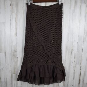 Y2K Crochet Knit Midi Skirt Women's Large Brown Mermaid Boho Whimsigoth Vintage